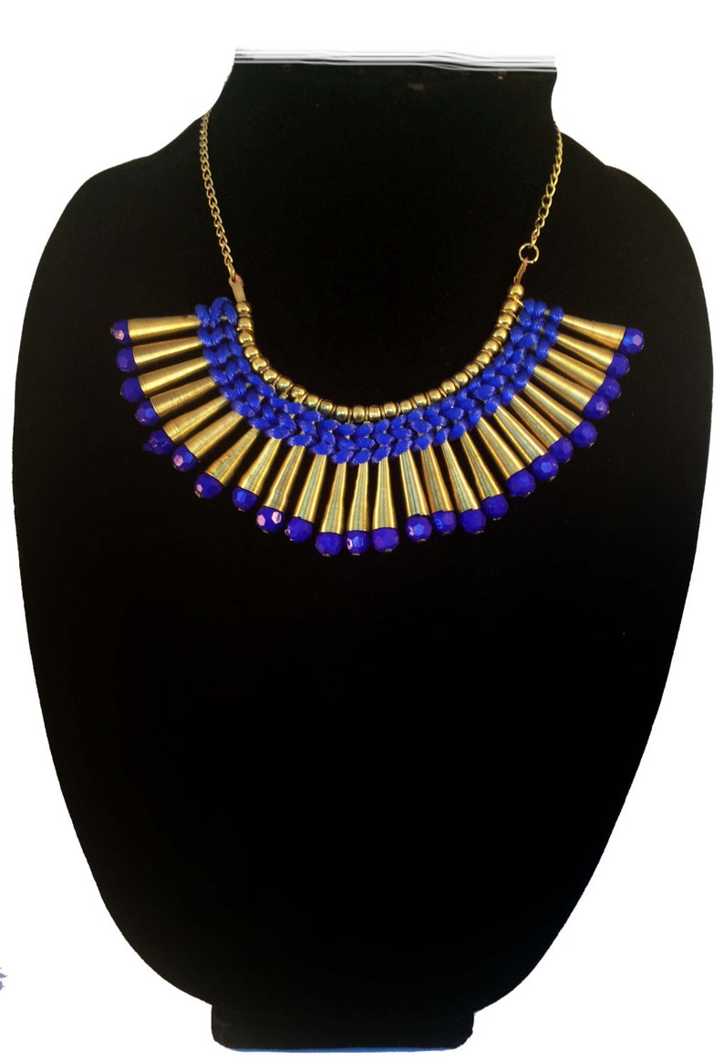 Blue and Gold Bib Necklace,Gold Fringe Necklace,Statement Jewelry,Wedding Jewelry,Fall Statement Necklace by Taneesi