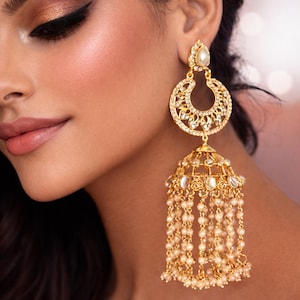 UITVERKOOP Grote kundan-jhumkas-70% korting op Kasjmier jhumka-parelkroonluchter-rode Jhumka-oorbellen--Lange koepeloorbellen van TANEESI