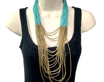 Long Necklace Boho, Turquoise Gold Layered Necklace, hand beaded statement necklace,Bohemian jewelry, Gold bib, beach jewelry