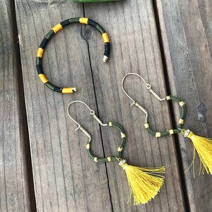 Thread wrapped Hoop Earrings-Mustard Tassel earrings Green Mustard Fall Earrings Boho style Hoops Bohemian Jewelry by Taneesi EARRINGS & CUFF