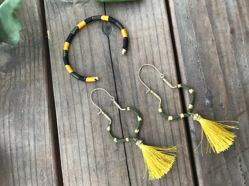 Thread wrapped Hoop Earrings-Mustard Tassel earrings Green Mustard Fall Earrings Boho style Hoops Bohemian Jewelry by Taneesi EARRINGS & CUFF