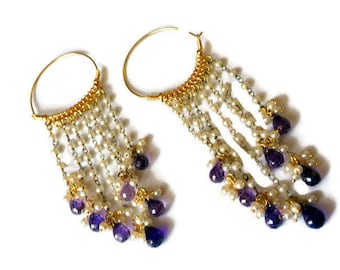 Gold Earrings,Pearl Hoop earrings,Purple Amethyst crystal hoop earrings,Chandelier earrings,Artistic jewelry by TANEESI Jewelry