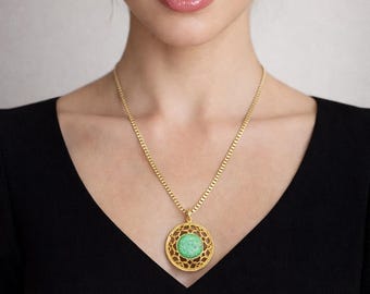 Gold Necklace,Jade Gold Necklace,gemstone jewelry,Filigree gold pendant necklace earrings set ,modern minimalist jewelry by Taneesi