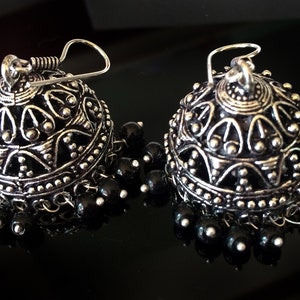 Large Silver Jhumka Earrings: Black Bead Dangles, Handmade Indian Jewelry