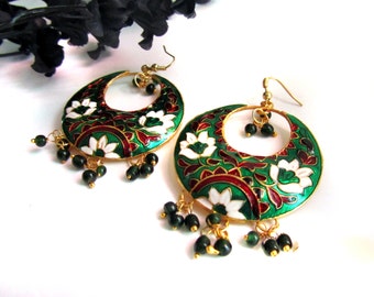 Green Enamel Earrings,Chand Bali, LOTUS Earrings Dangle Chandelier Green,Black & Red Earrings by Taneesi