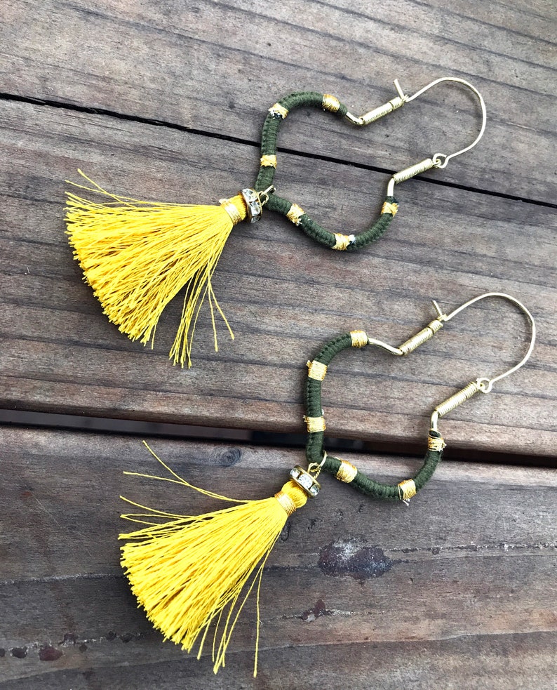 Thread wrapped Hoop Earrings-Mustard Tassel earrings Green Mustard Fall Earrings Boho style Hoops Bohemian Jewelry by Taneesi image 2