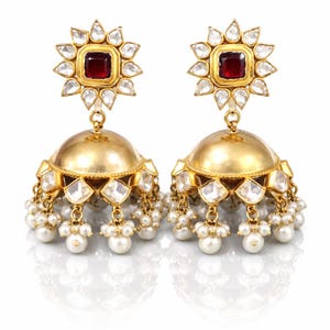 Gold kundan Jhumkas-Pearl Jhumka Earrings-Triple jhumka-tiered jhumka earrings-Freshwater Pearl earrings, Long Jhumkas,Kundan Earrings image 5