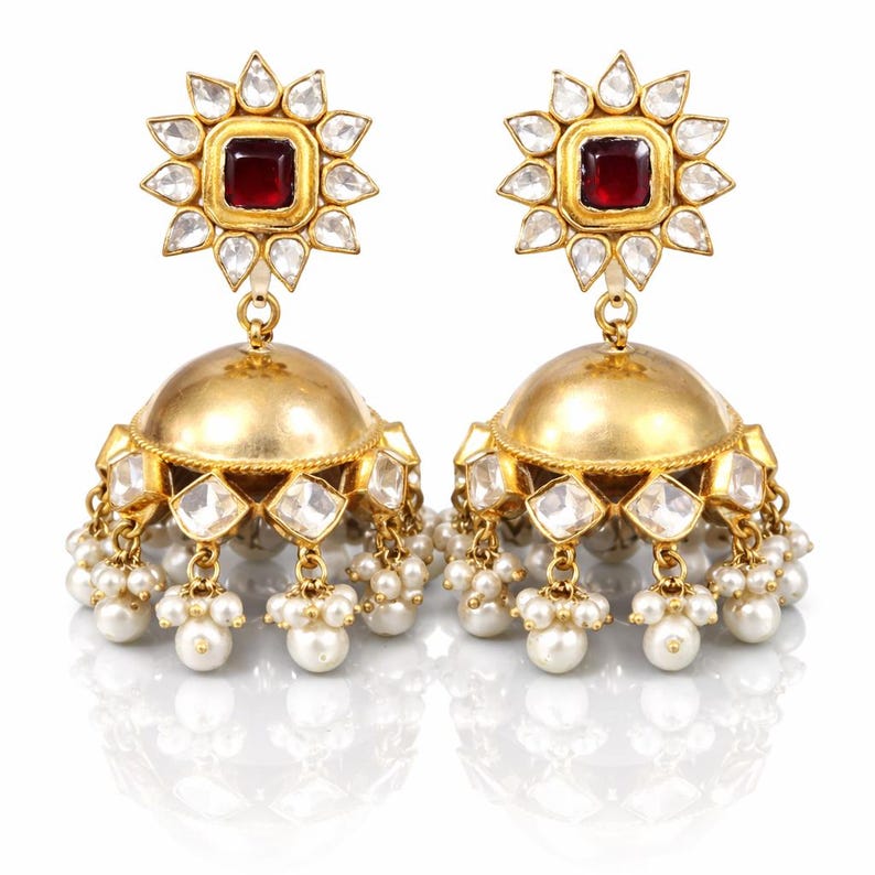 Gold kundan Jhumkas-Pearl Jhumka Earrings-Triple jhumka-tiered jhumka earrings-Freshwater Pearl earrings, Long Jhumkas,Kundan Earrings image 5