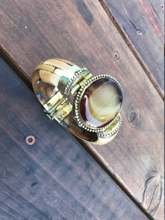 Antique Cuff Bracelet, Tribal Brass Onyx Cuff , S… - image 8