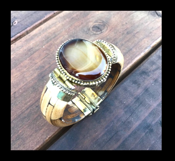 Antique Onyx Cuff Bracelet, Brass wood Cuff , Mos… - image 2