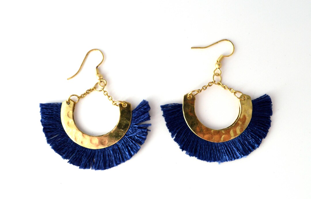 Blue Gold Half Moon Earringsboho Silk Tassel Earrings Moon Earrings tribal Jewelry Hoop