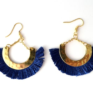Blue Gold Half moon earrings-Boho silk tassel earrings- Moon Earrings -Tribal Jewelry Hoop Earrings-fringe earring -handmade Jewelry