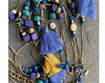Long Tassel Necklace: Hand Beaded Gold Chain Bohemian Jewelry
