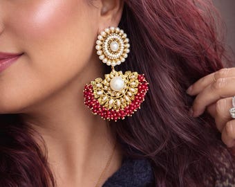 Ruby Pearl Chandelier Earrings: 18K Gold Plated Indian Jewelry