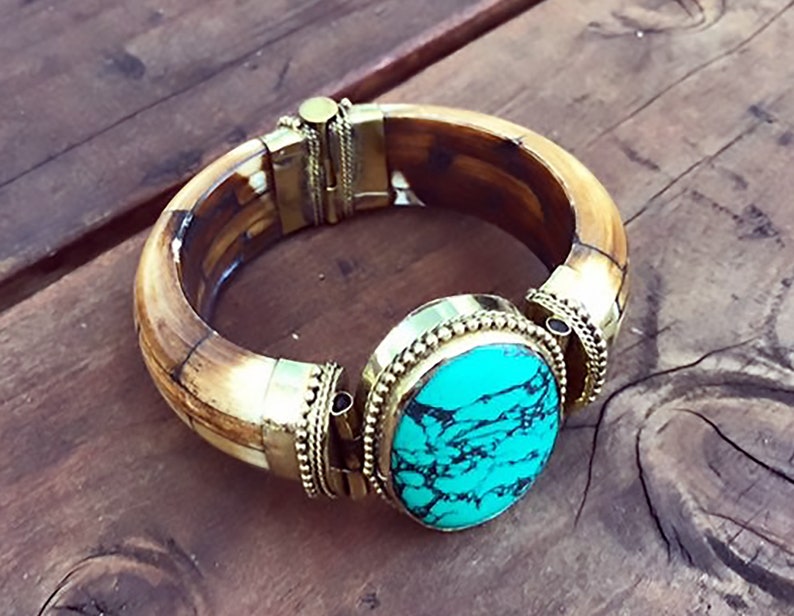 Oval Turquoise Antique Tribal Bracelet,Brass wood Cuff Mosaic STATEMENT Cuff Afghan ethnic jewelry,Bedouin Gypsy,Bohemian