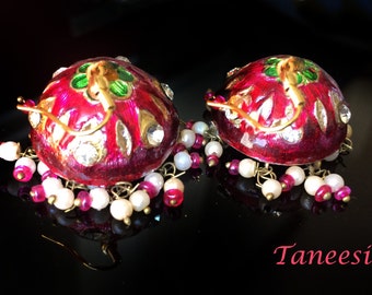 PINK Jhumka earrings,Jaipur Lac Earrings,Hot Pink Gold jhumkas,Dome earrings Crystal Earrings,Vintage Jewelry by Taneesi