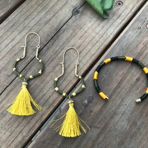 Thread wrapped Hoop Earrings-Mustard Tassel earrings Green Mustard Fall Earrings Boho style Hoops Bohemian Jewelry by Taneesi BANGLE CUFF