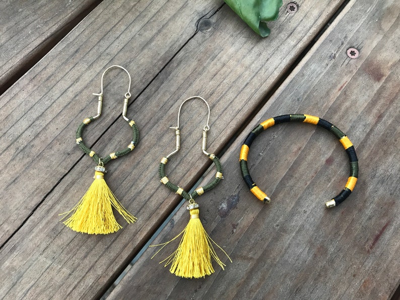 Thread wrapped Hoop Earrings-Mustard Tassel earrings Green Mustard Fall Earrings Boho style Hoops Bohemian Jewelry by Taneesi BANGLE CUFF