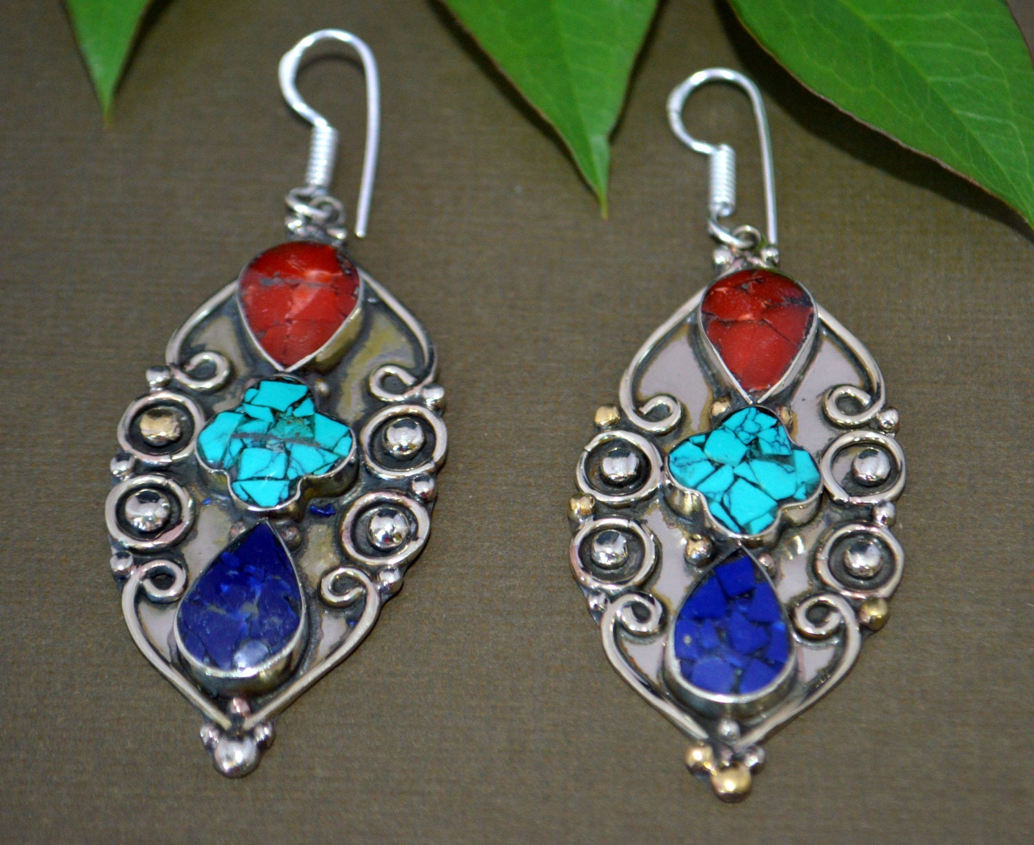 Coral Turquoise lapis EarringsShaman Ethnic SilverBohoNepal | Etsy
