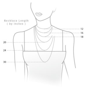 May include: Diagram showing different necklace lengths in inches, from 12 to 30 inches, on a drawing of a person's neck and shoulders.
