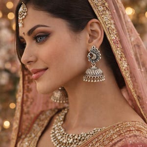 TRIBAL SILVER Jhumka Earrings,Peacock Silver Jhumkas,Kucchi Earrings,Silver dome Chandelier Taneesi Jewelry