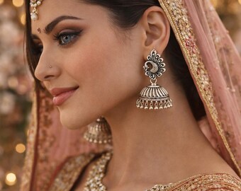 TRIBAL SILVER Jhumka Earrings,Peacock Silver Jhumkas,Kucchi Earrings,Silver dome Chandelier Taneesi Jewelry