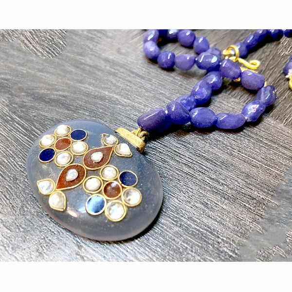 Blue Onyx Necklace, Onyx Kundan Necklace designer, Gold wirework , Pendant Necklace by Taneesi Jewelry