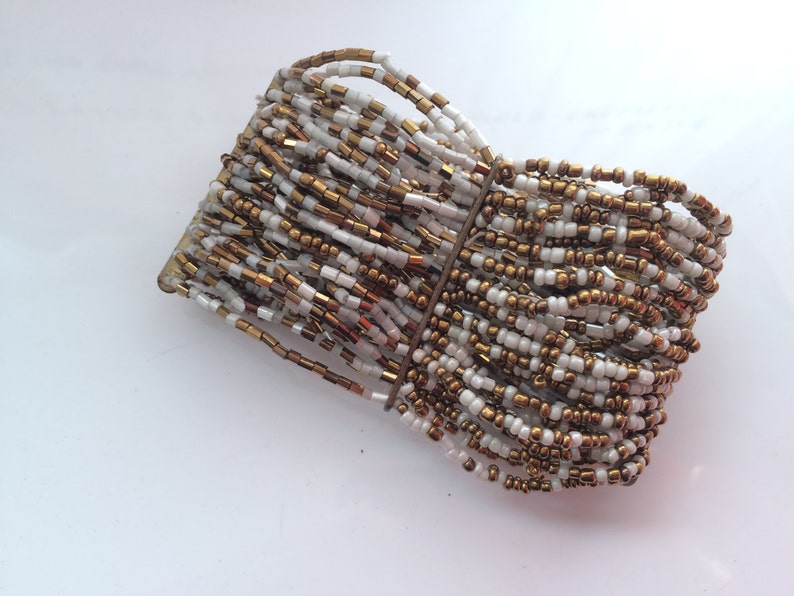 White & Gold Cuff Braceletbeaded Cuff Braceletstretch Gold Etsy