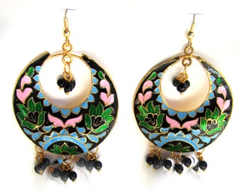 Green Chandbali Earrings,MOON EARRINGS-Lotus Earrings,Black Green Pink Gold Enamel Jewelry Rajasthani artwork by Taneesi