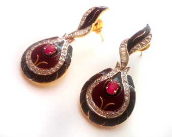 Bridal Earrings,wedding jewelry,Enamel Turkish Earrings red Ruby,delicate black red Earrings,Designer Jewelry by Taneesi
