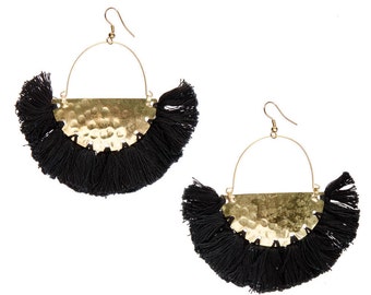 CLEARANCE SALE Black Gold earrings,Half moon earrings-Black Tassel earrings,festival jewelry-fringe earrings-Boho-Bohemian Gypsy