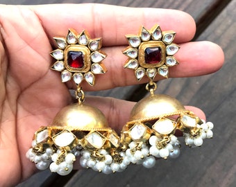 Gold kundan Jhumkas-Pearl Jhumka Earrings-Triple jhumka-tiered jhumka earrings-Freshwater Pearl earrings, Long Jhumkas,Kundan Earrings