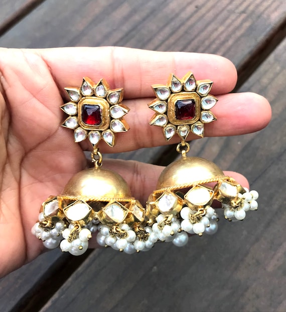 Gold Plated Kundan Jhumkas - Subhranika Jewellery Collection
