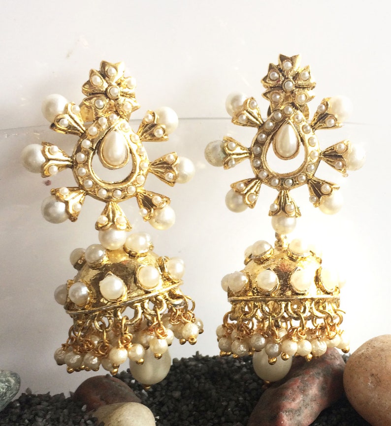 PEARL JHUMKA Earrings,Pearl &Gold Jhumkas,Dome earrings,Indian bell Chandelier earrings wedding jewelry handmade by TANEESI YJ240P image 2