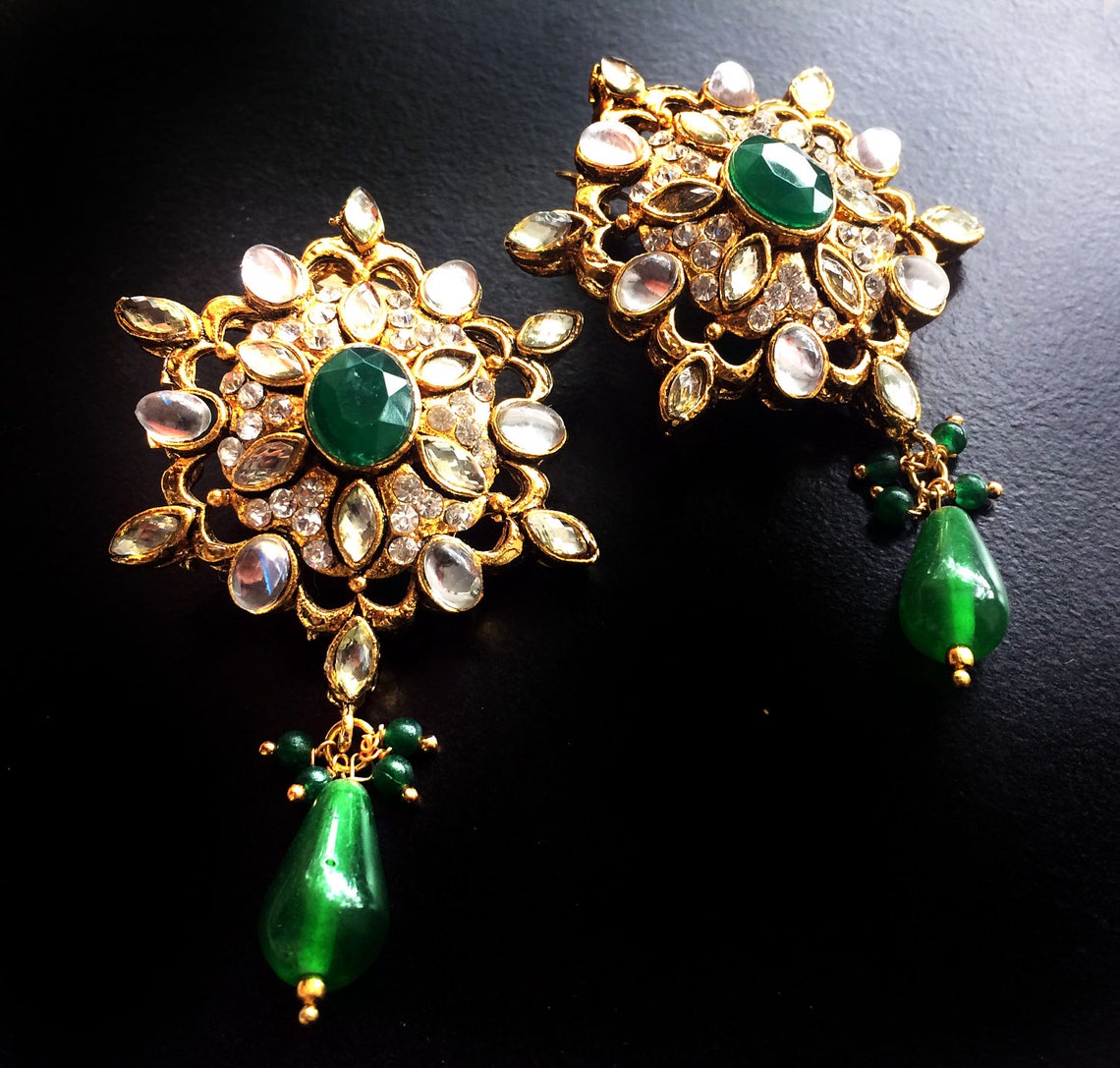 Kundan Earringsgreen Earringswedding Jewelleryindian Bridal Etsy