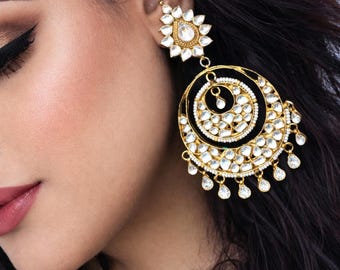 Kundan Chandelier Earrings-Kundan Chandbali 22K Gold plated Earrings- Indian Jewellery,Bridal Earrings,Wedding Jewellery by Taneesi XK44299