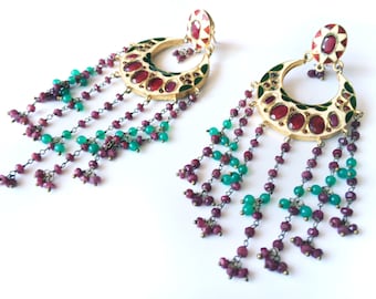 Kundan Chandelier Earrings,Chand Bali,Red Ruby & Green Jade Jewelry,Long Earrings,Mughal Royal style Jewelry Indian Jewellery by TANEESI