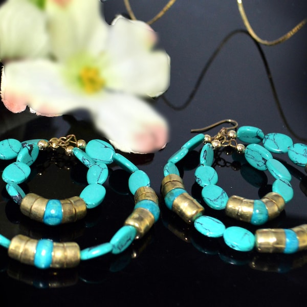 CLEARANCE SALE Turquoise Gold hoop earrings,Blue gold hoop earrings,Bohemian jewelry,Large hoops Handmade Earrings,Etsy Jewelry by TANEESI