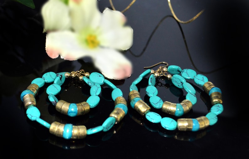 CLEARANCE SALE Turquoise Gold hoop earrings,Blue gold hoop earrings,Bohemian jewelry,Large hoops Handmade Earrings,Etsy Jewelry by TANEESI