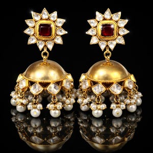 Gold kundan Jhumkas-Pearl Jhumka Earrings-Triple jhumka-tiered jhumka earrings-Freshwater Pearl earrings, Long Jhumkas,Kundan Earrings image 3