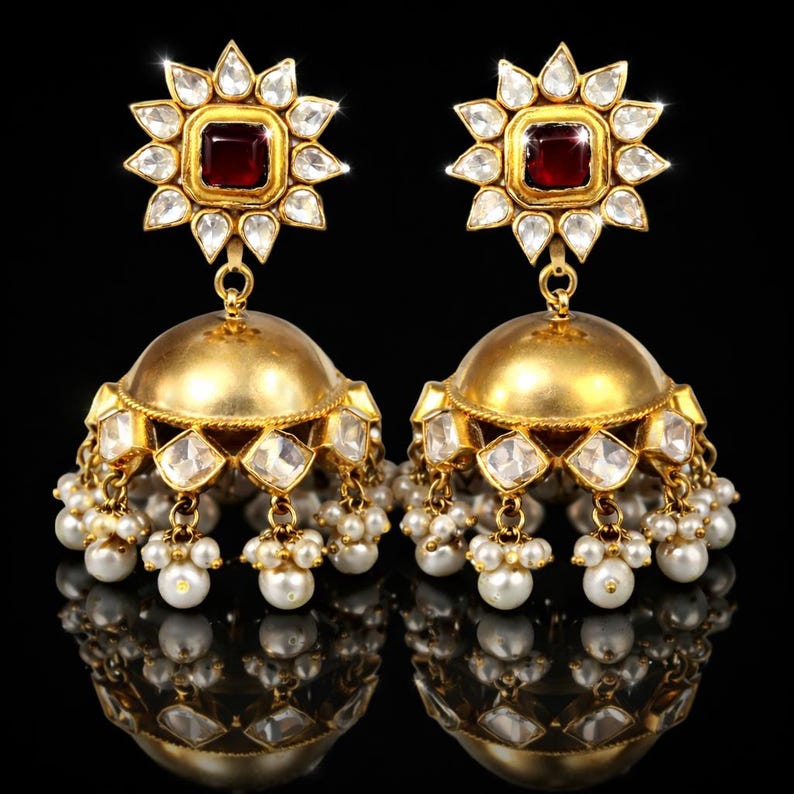 Gold kundan Jhumkas-Pearl Jhumka Earrings-Triple jhumka-tiered jhumka earrings-Freshwater Pearl earrings, Long Jhumkas,Kundan Earrings image 3