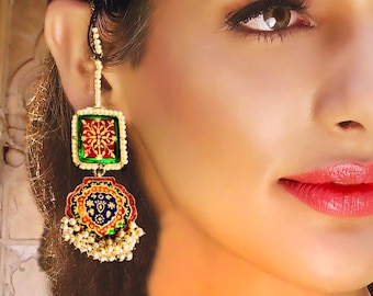 Kundan Earrings-Fine jewellery-red green Meena Pearl Paisley Pure Silver 18k Gold plated, Paisley Earrings Indian Traditional exotic Jewelry