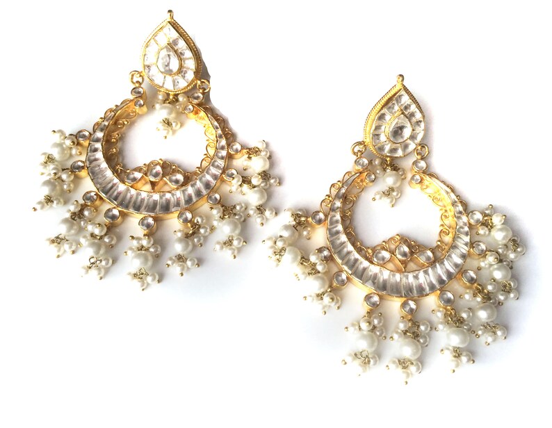 Gold Kundan Earringswhite Kundan Pearl Chandelier Etsy