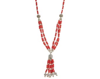 TASSEL Necklace Red Coral Necklace & Earrings,NEPAL Jewelry,Beaded Jewelry,tassel necklace,choker,red silver jewelry by TANEESI