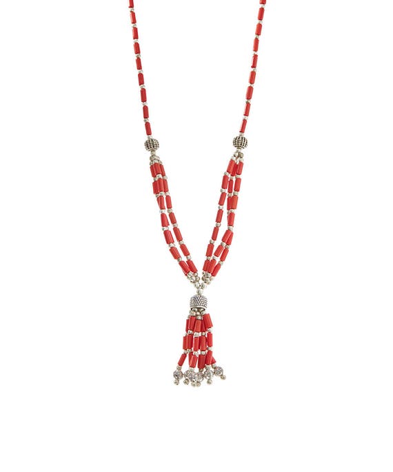 TASSEL Necklace Red Coral Necklace & Earrings,NEPAL Jewelry,Beaded Jewelry,tassel necklace,choker,red silver jewelry by TANEESI