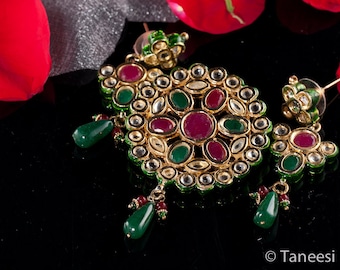 Antique Kundan Necklace & Earrings Jewelry Set, Pendant necklace 22K Gold Plated Kundan,Rubies Emerald and Meenakari  work  by Taneesi