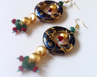 Chandelier Earrings,Egyptian Jewelry ,Green Jade Jewelry, Red Green Blue Gold Enamel Jewelry,Enamel earrings by Taneesi