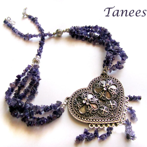 Heart Necklace Silver Tribal Jewelry Amethyst string Indian Ethnic Jewellery Valentines Day Jewelry by Taneesi