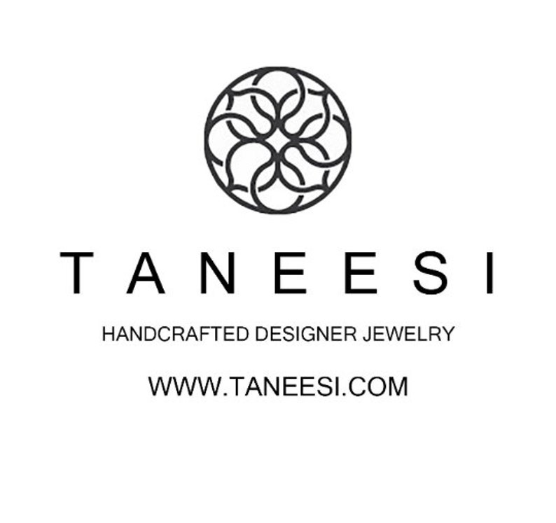 May include: Black and white logo for Taneesi, a handcrafted designer jewelry company. The logo features a stylized floral design and the company name and website address: www.taneesi.com.