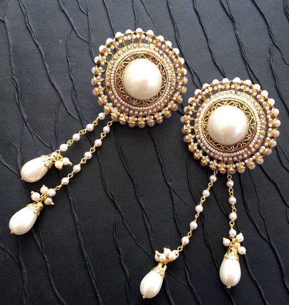 KASHMIRI Earrings pearl Deep Red Kundan Kashmiri Chandelier